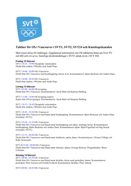 Tablåer OS I Vancouver I SVT1, SVT2, SVT24 Och Kunskapskanalen