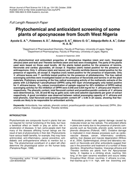 Phytochemical and Antioxidant Screening of Some Plants of Apocynaceae from South West Nigeria