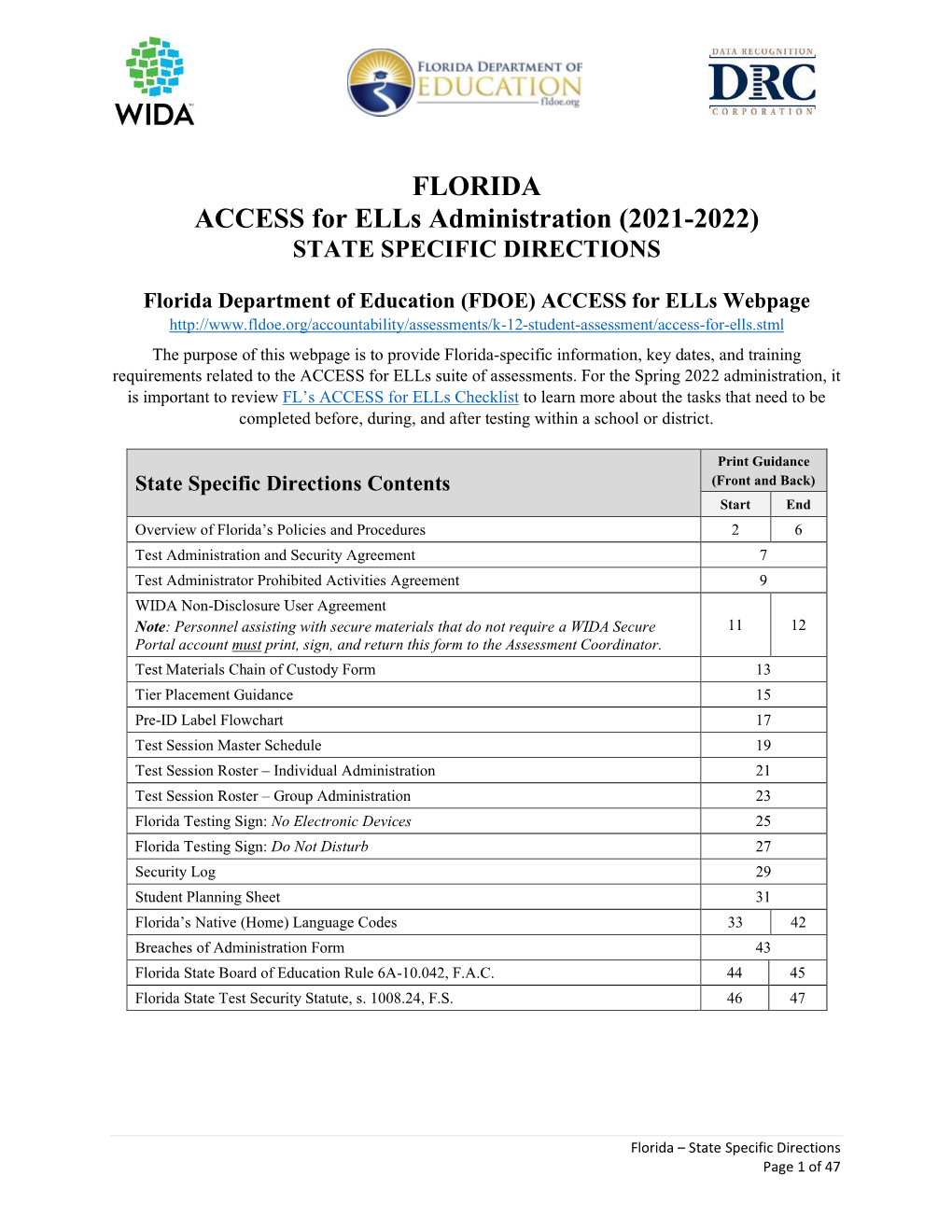FLORIDA ACCESS for Ells Administration (2020-2021)