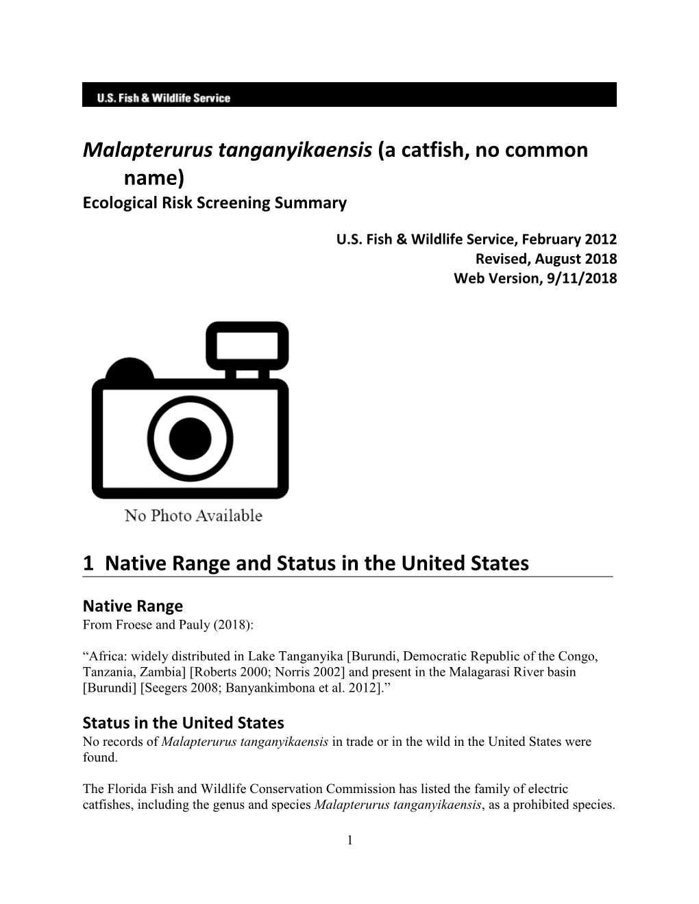 Malapterurus Tanganyikaensis (A Catfish, No Common Name) Ecological Risk Screening Summary