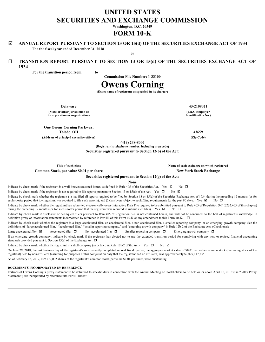 Owens Corning (Exact Name of Registrant As Specified in Its Charter)