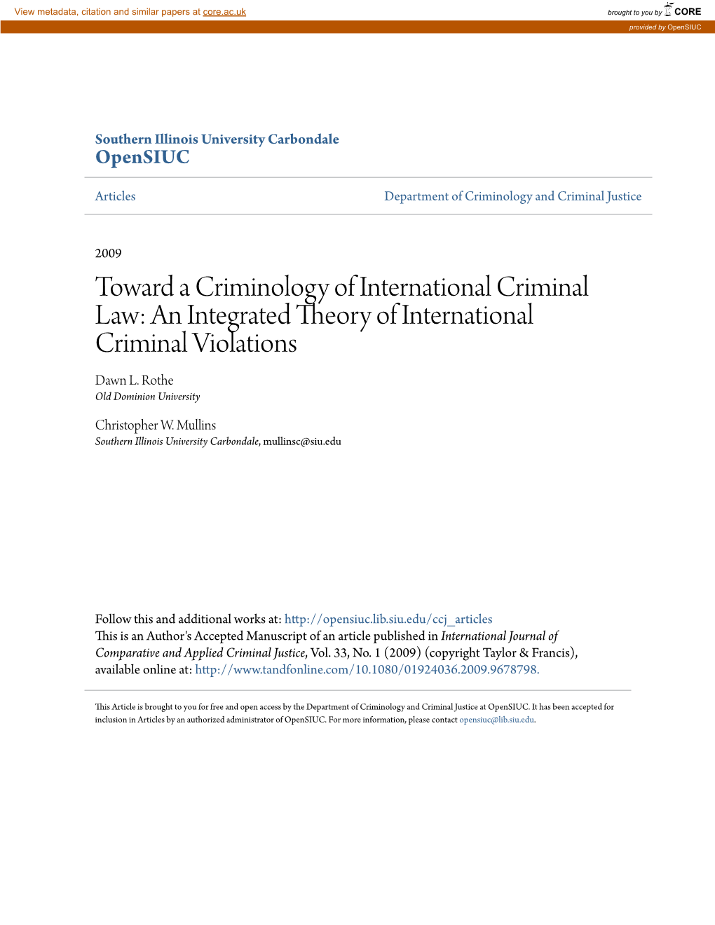 Toward a Criminology of International Criminal Law: an Integrated Theory of International Criminal Violations Dawn L