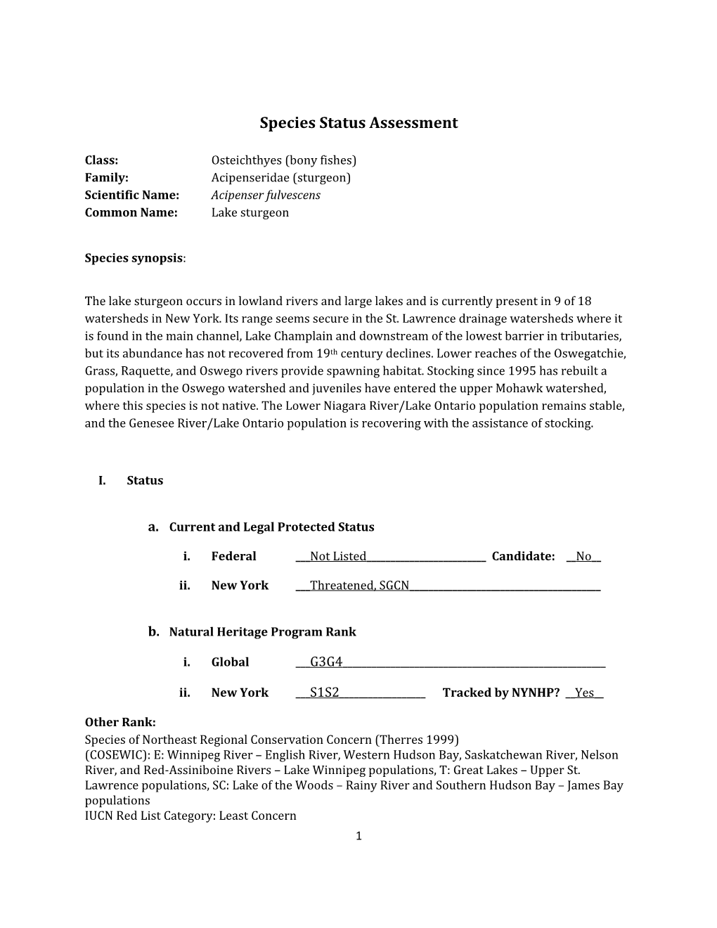 Species Assessment for Lake Sturgeon