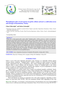 Acari) Species on Garlic (Allium Sativum L.) Cultivation Areas and Storages of Kastamonu, Turkey