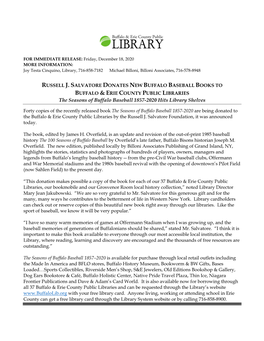 RUSSELL J. SALVATORE DONATES NEW BUFFALO BASEBALL BOOKS to BUFFALO & ERIE COUNTY PUBLIC LIBRARIES the Seasons of Buffalo Baseball 1857-2020 Hits Library Shelves
