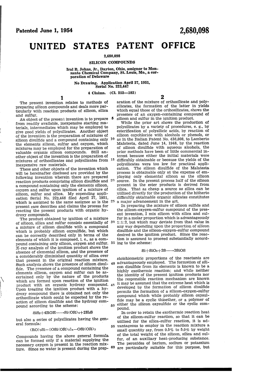 PATENT OFFICE 2,680,098 SILICON COMPOUNDS Ral B