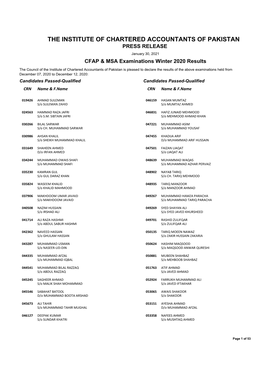 THE INSTITUTE of CHARTERED ACCOUNTANTS of PAKISTAN PRESS RELEASE January 30, 2021 CFAP & MSA Examinations Winter 2020 Results