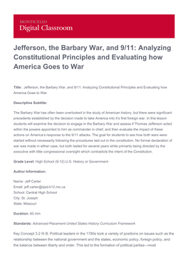 Jefferson, the Barbary War, and 9/11: Analyzing Constitutional Principles and Evaluating How America Goes to War