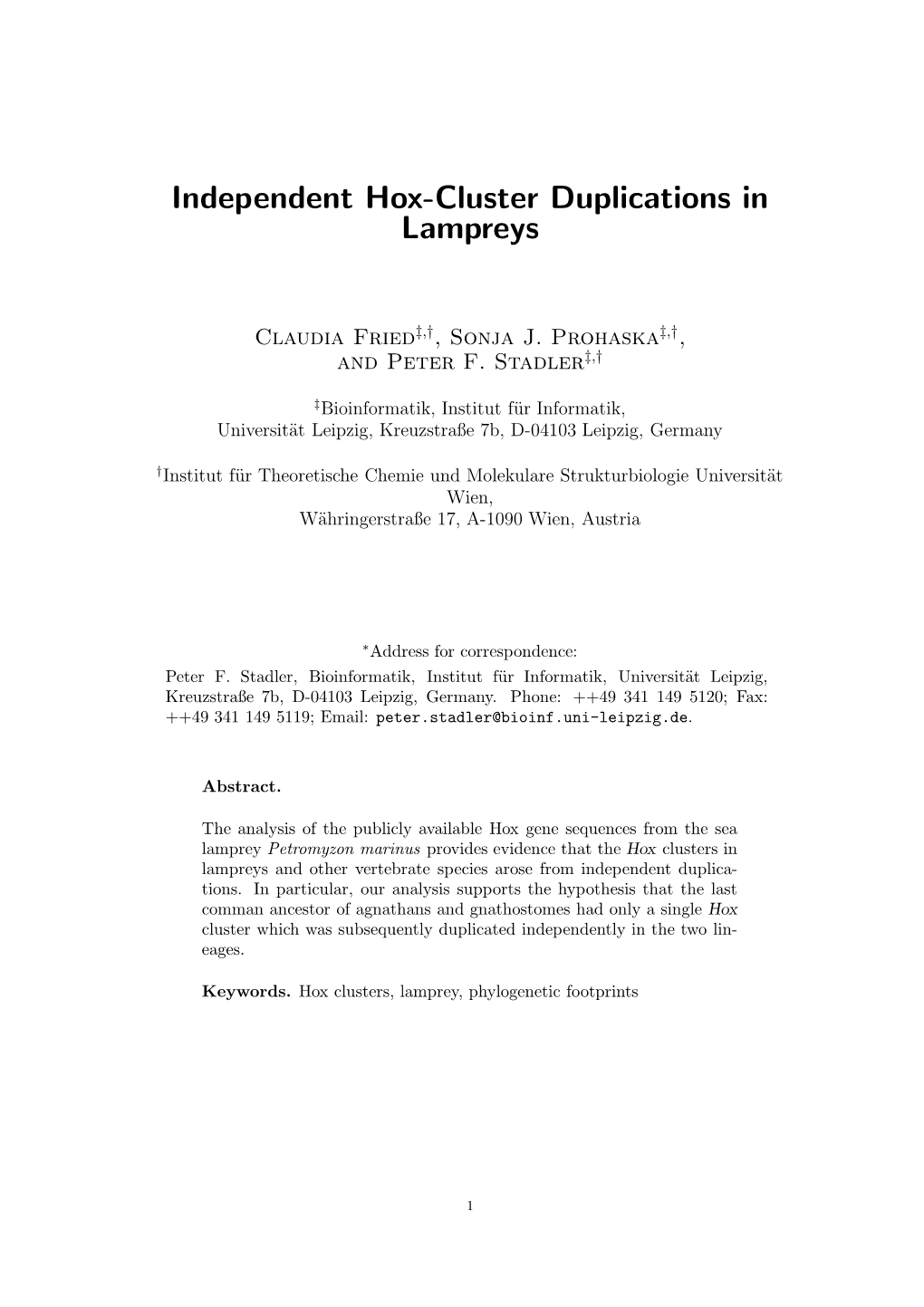 Independent Hox-Cluster Duplications in Lampreys