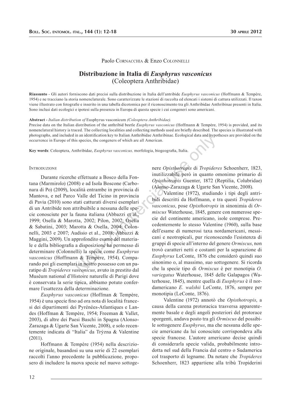 Boll. Soc 144-1-2.Indd 12 12/04/12 11.34 Distribuzione in Italia Di Eusphyrus Vasconicus