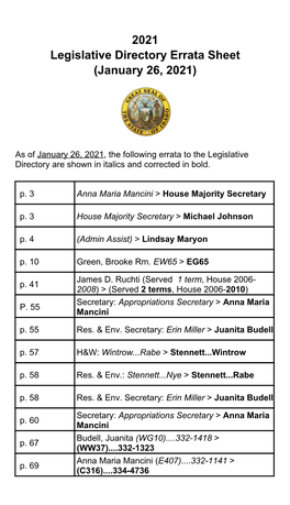 2021 Legislative Directory Errata Sheet (January 26, 2021)