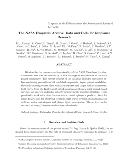 "The NASA Exoplanet Archive: Data and Tools for Exoplanetresearch," Publications of the Astronomical Society Of