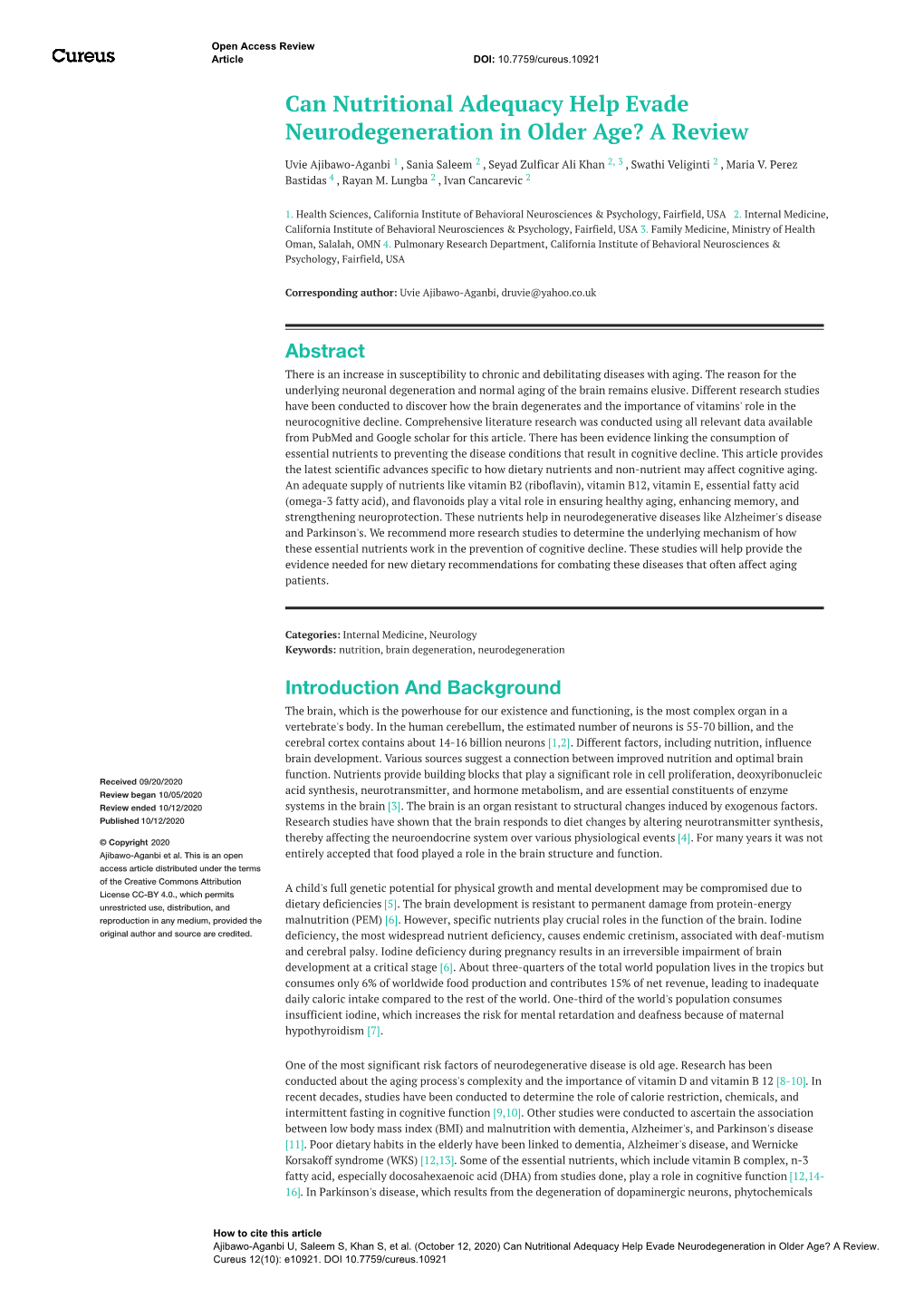 Can Nutritional Adequacy Help Evade Neurodegeneration in Older Age? a Review