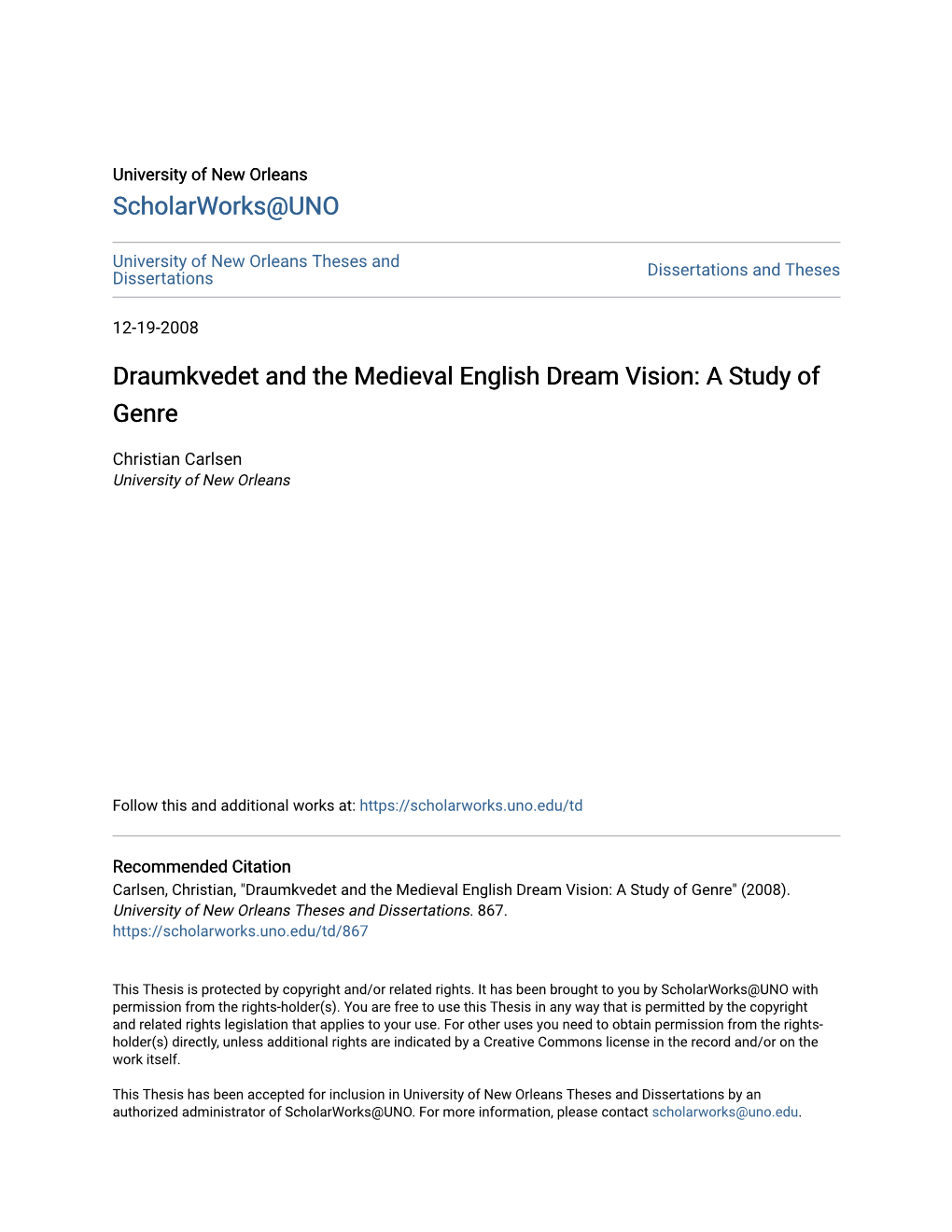 Draumkvedet and the Medieval English Dream Vision: a Study of Genre