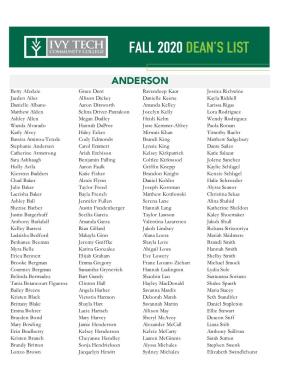 Ivy Tech Community College Fall 2020 Dean's List