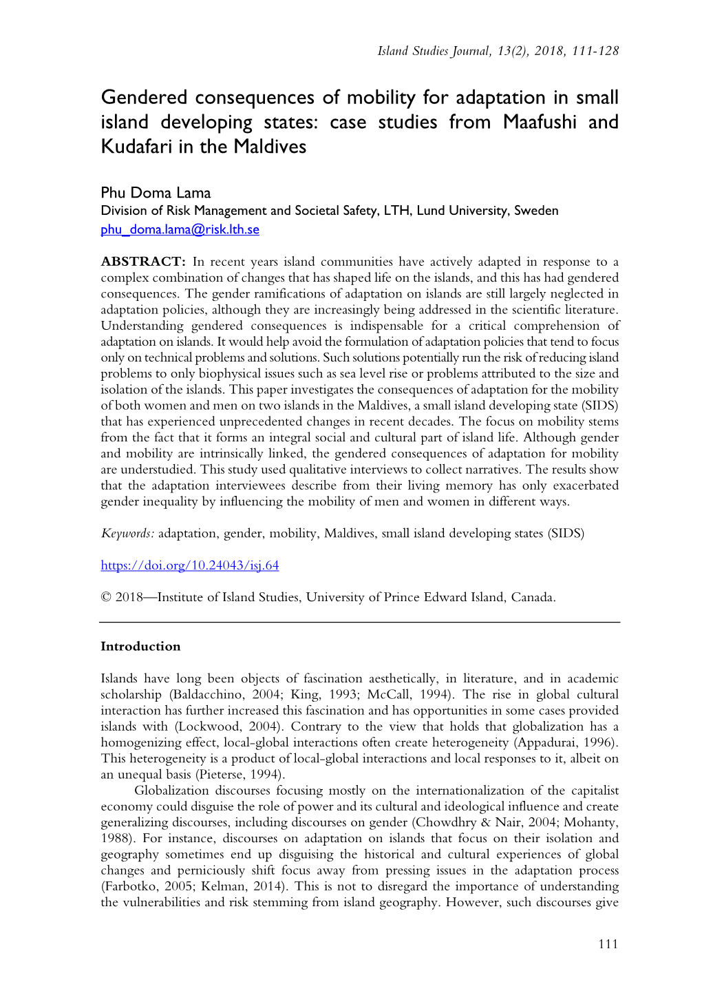 Gendered Consequences of Mobility for Adaptation in Small Island Developing States: Case Studies from Maafushi and Kudafari in the Maldives