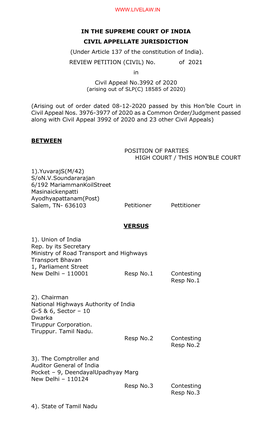 (Under Article 137 of the Constitution of India). REVIEW PETITION (CIVIL) No