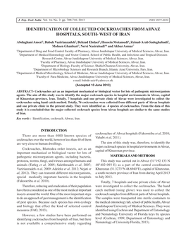 Identification of Collected Cockroaches from Ahvaz Hospitals, South- West of Iran