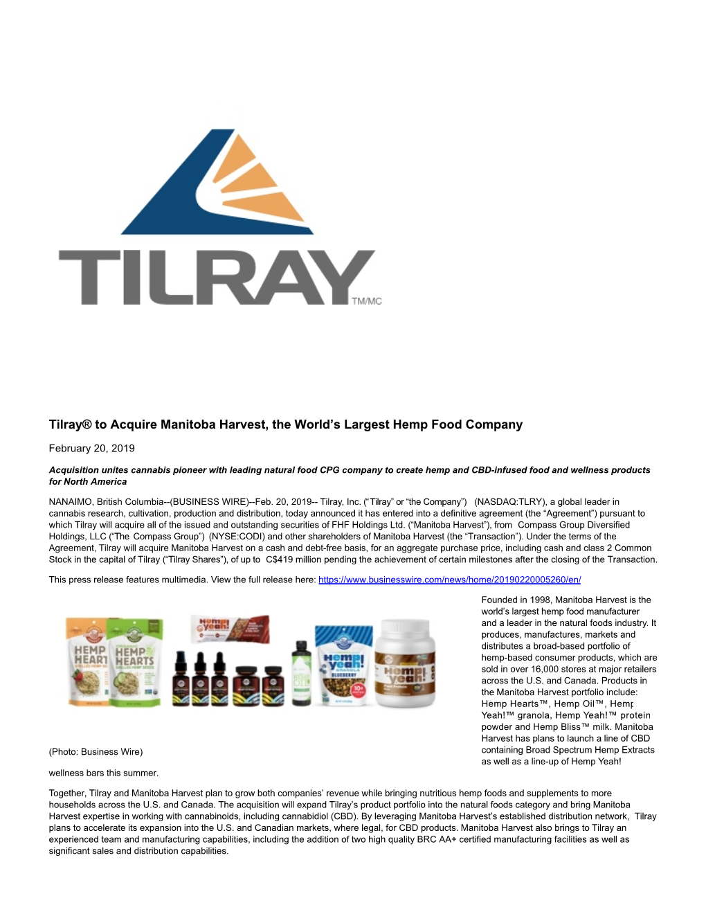 Tilray® to Acquire Manitoba Harvest, the World's Largest Hemp Food