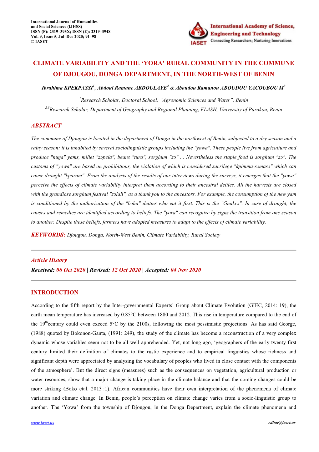 Climate Variability and the ‘Yora’ Rural Community in the Commune of Djougou, Donga Department, in the North-West of Benin