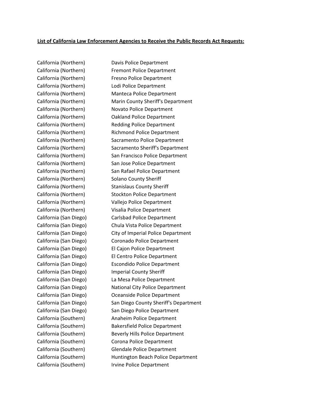 List of California Law Enforcement Agencies to Receive the Public Records Act Requests