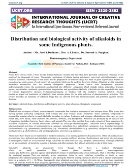 Distribution and Biological Activity of Alkaloids in Some Indigenous Plants