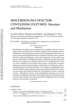 MOLYBDENUM-COFACTOR– CONTAINING ENZYMES: Structure and Mechanism