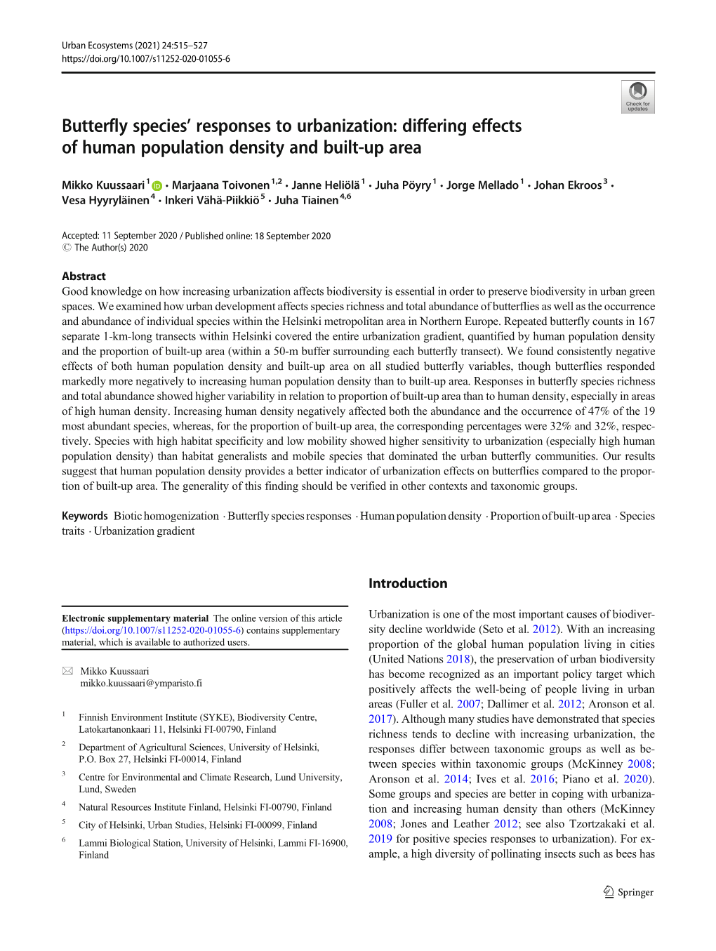 Butterfly Species' Responses to Urbanization