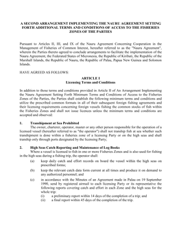 A Second Arrangement Implementing the Nauru Agreement Setting Forth Additional Terms and Conditions of Access to the Fisheries Zones of the Parties