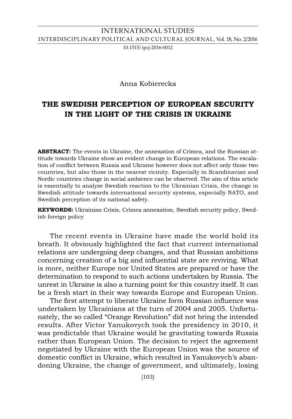 The Swedish Perception of European Security in the Light of the Crisis in Ukraine