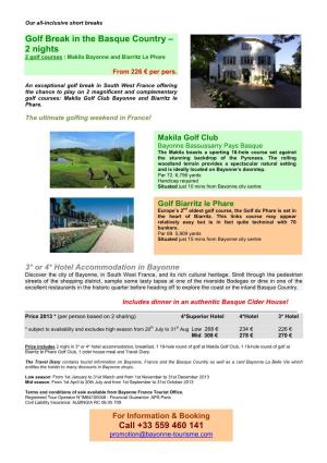 Golf Break in the Basque Country – 2 Nights 2 Golf Courses : Makila Bayonne and Biarritz Le Phare