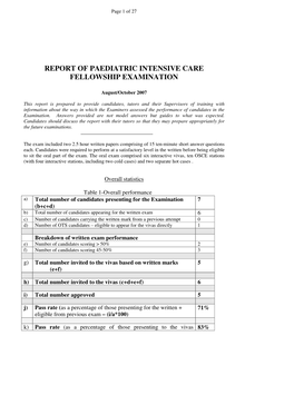 Report of Paediatric Intensive Care Fellowship Examination