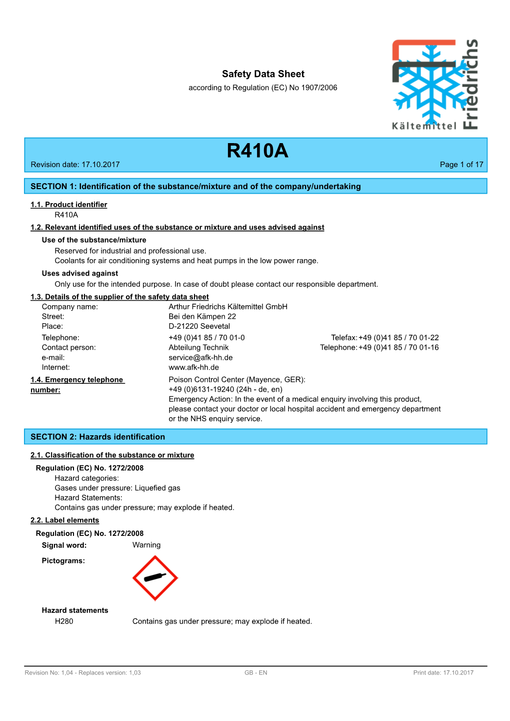 Safety Data Sheet According To Regulation (EC) No 1907/2006 - DocsLib