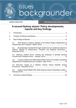 A Second Sydney Airport: Policy Developments, Reports and Key Findings