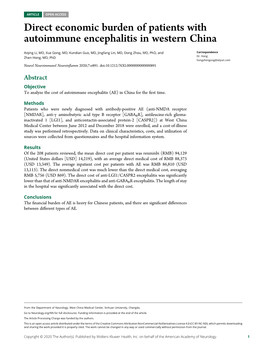 Direct Economic Burden of Patients with Autoimmune Encephalitis in Western China