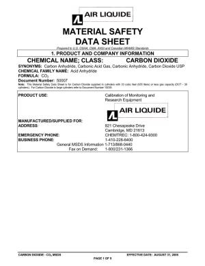 Material Safety Data Sheet Is for Carbon Dioxide Supplied in Cylinders with 33 Cubic Feet (935 Liters) Or Less Gas Capacity (DOT - 39 Cylinders)