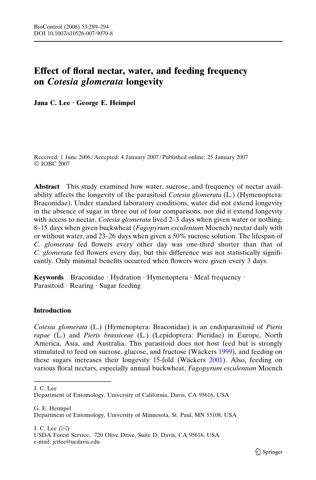 Effect of Floral Nectar, Water, and Feeding Frequency on Cotesia