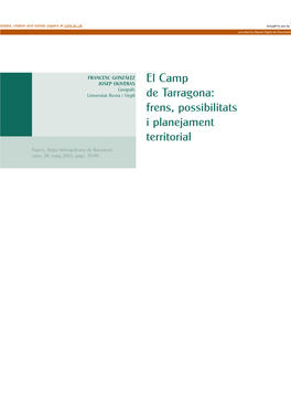 El Camp De Tarragona: Frens, Possibilitats I Planejament Territorial