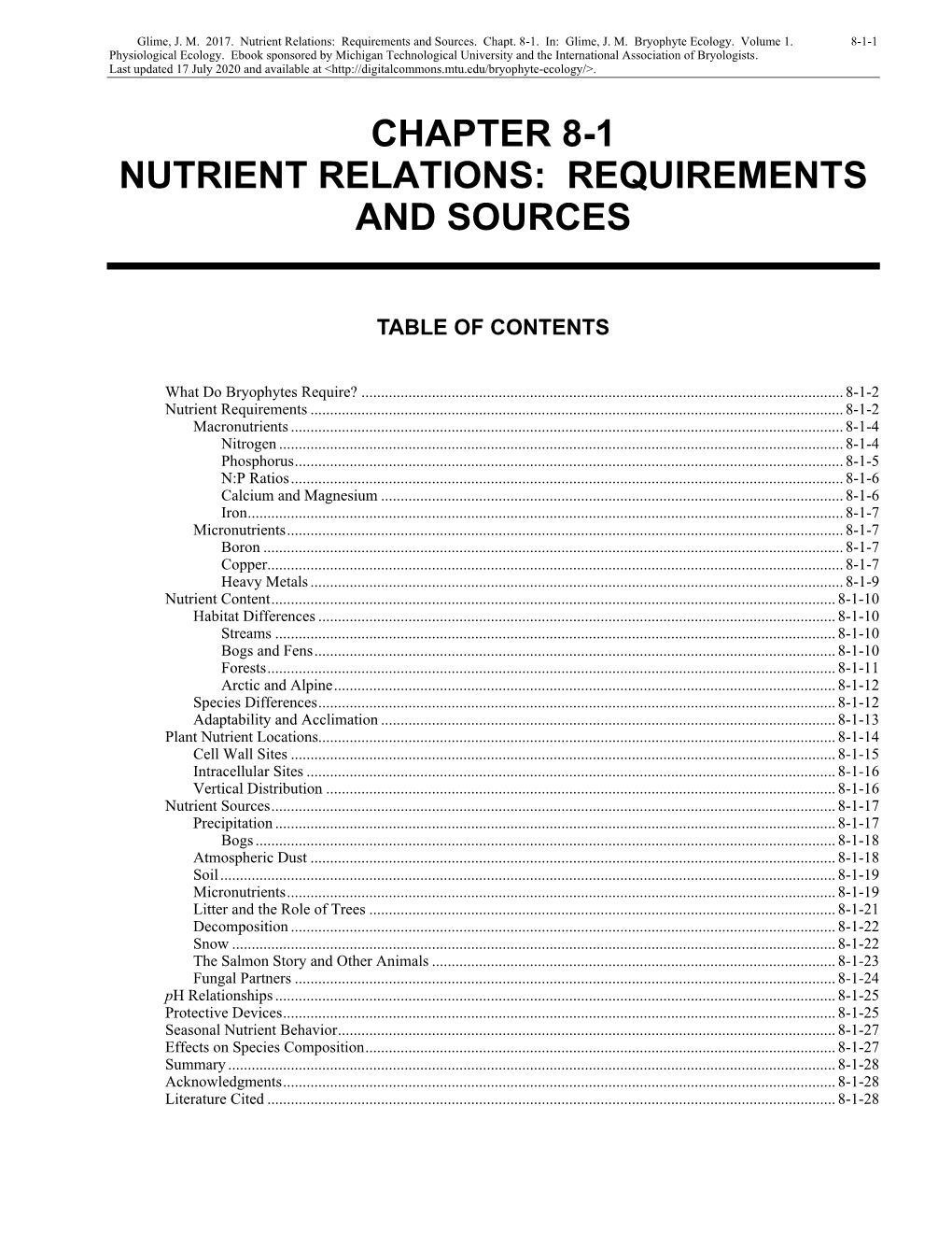 Volume 1, Chapter 8-1: Nutrient Relations: Requirements and Sources