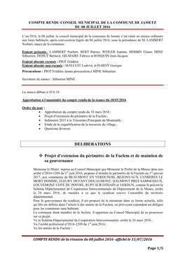 Compte Rendu Conseil Municipal De La Commune De Jametz Du 08 Juillet 2016