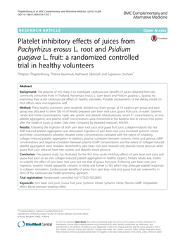 Platelet Inhibitory Effects of Juices from Pachyrhizus Erosus L. Root and Psidium Guajava L. Fruit