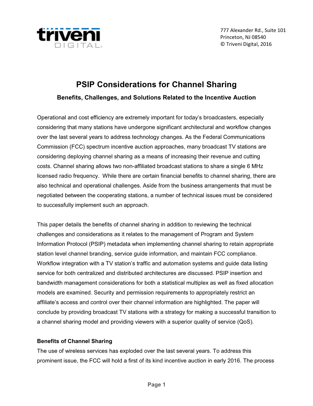 PSIP Considerations for Channel Sharing Benefits, Challenges, and Solutions Related to the Incentive Auction