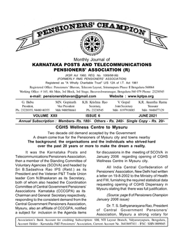 Monthly Journal of KARNATAKA POSTS and TELECOMMUNICATIONS PENSIONERS' ASSOCIATION (R) CGHS Wellness Centre to Mysuru