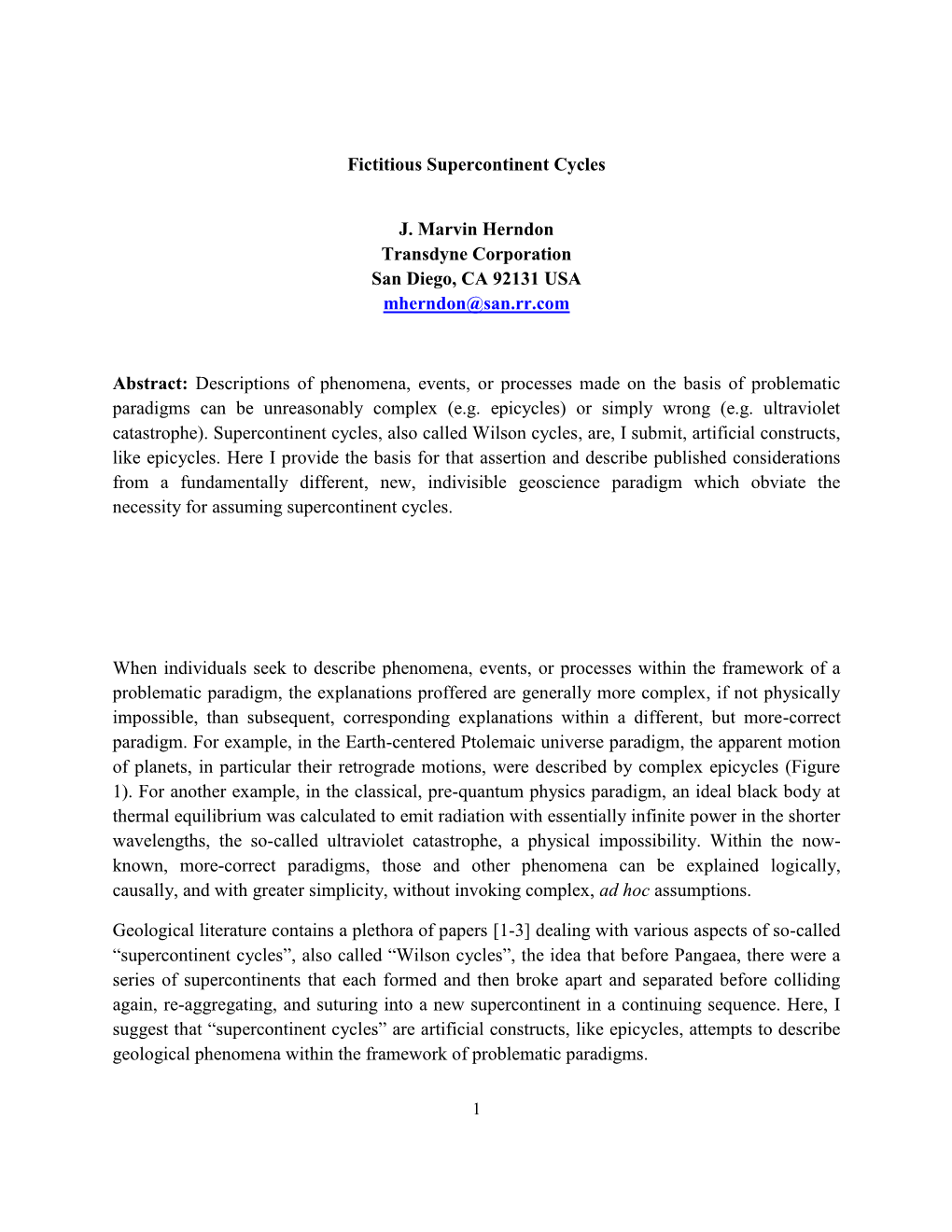 Fictitious Supercontinent Cycles J. Marvin Herndon Transdyne