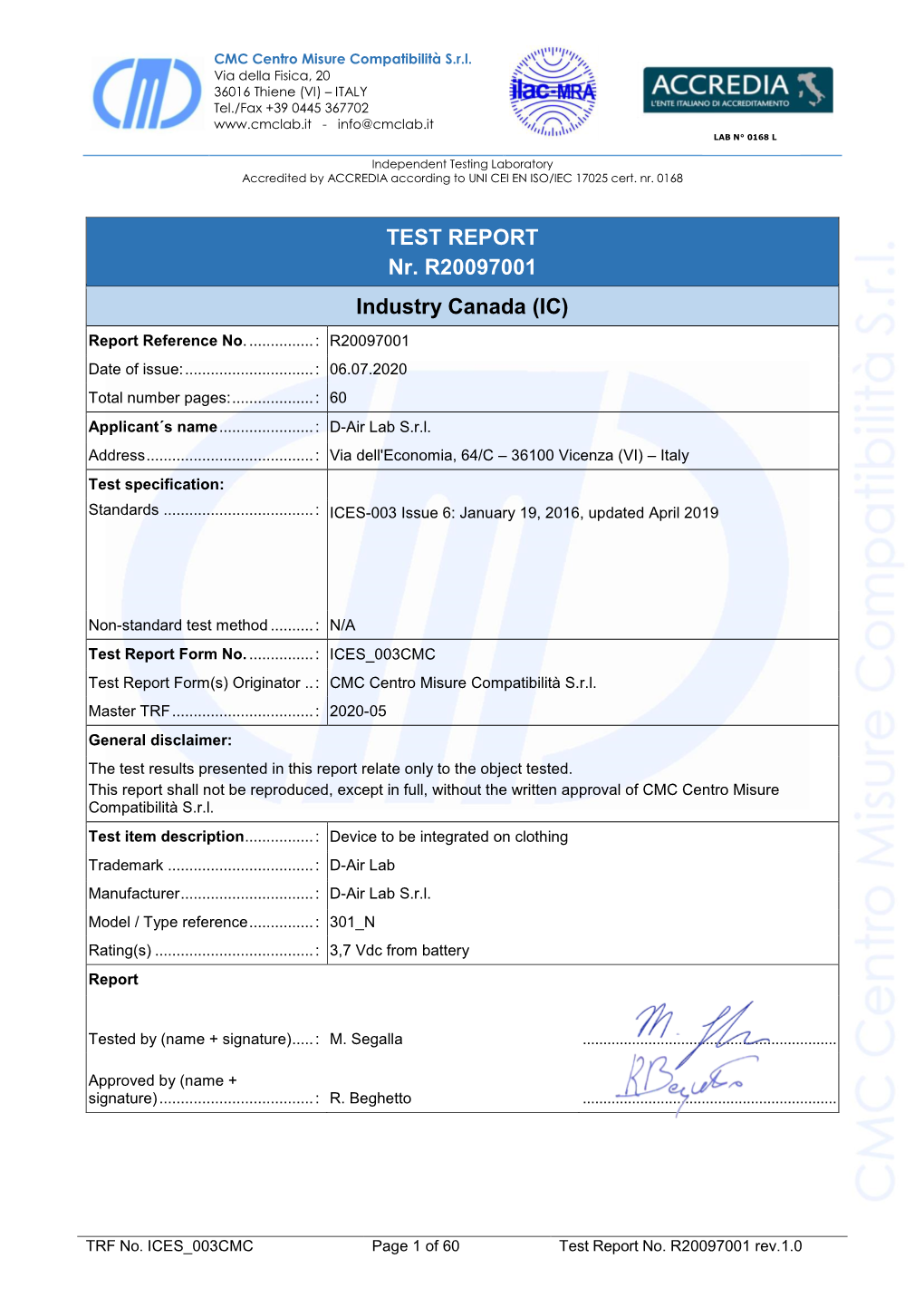 TEST REPORT Nr. R20097001 Industry Canada (IC) Report Reference No