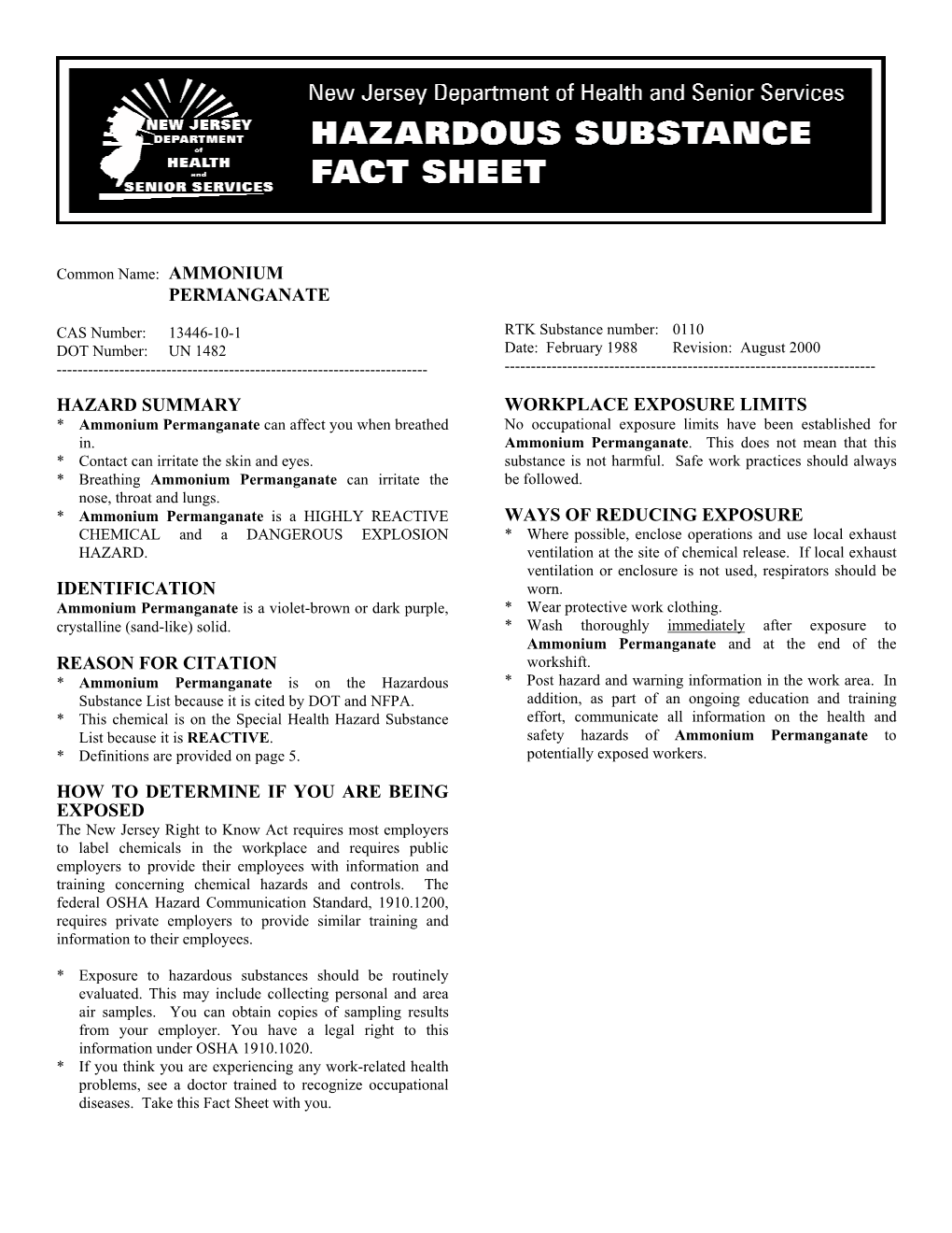 Permanganate Hazard Summary Identification