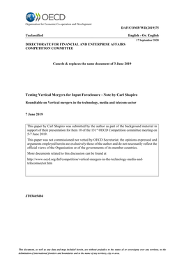 Testing Vertical Mergers for Input Foreclosure - Note by Carl Shapiro