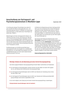 Ausschreibung Von Vertragsarzt- Und Psychotherapeutensitzen in Westfalen-Lippe September 2021