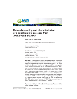 Molecular Cloning and Characterization of a Subtilisin-Like Protease from Arabidopsis Thaliana