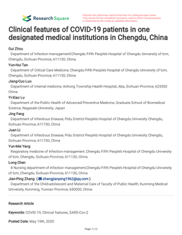 Clinical Features of COVID-19 Patients in One Designated Medical Institutions in Chengdu, China